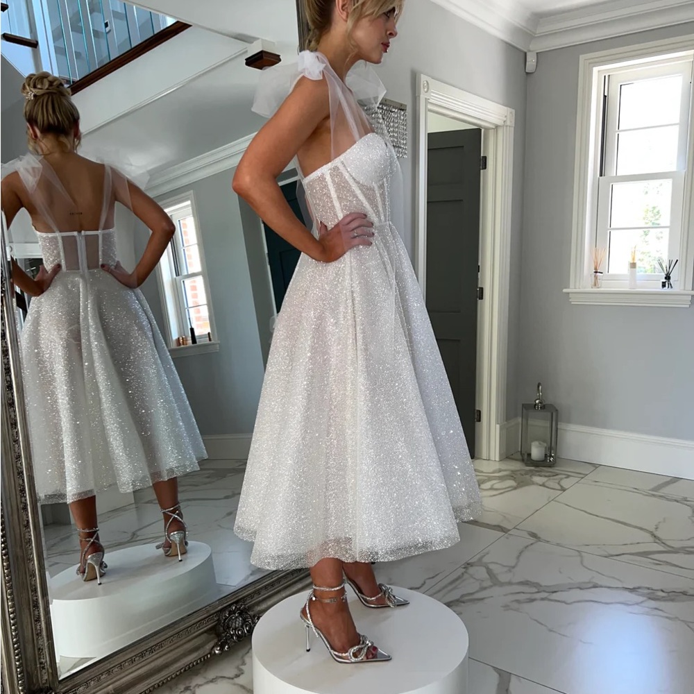 BRAND NEW! Size 6 Rosie Etienne Bridal white midi dress with removable straps.